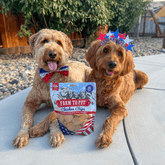 Farm To Pet Americana Chicken Chips for dogs in a value bag, healthy USA-made dog treats, with two dogs enjoying the chips.