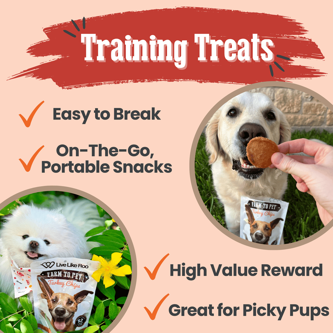 Farm To Pet Live Like Roo Turkey Chips for Dogs, antibiotic-free training treats with turkey flavor, natural dog treats for training.