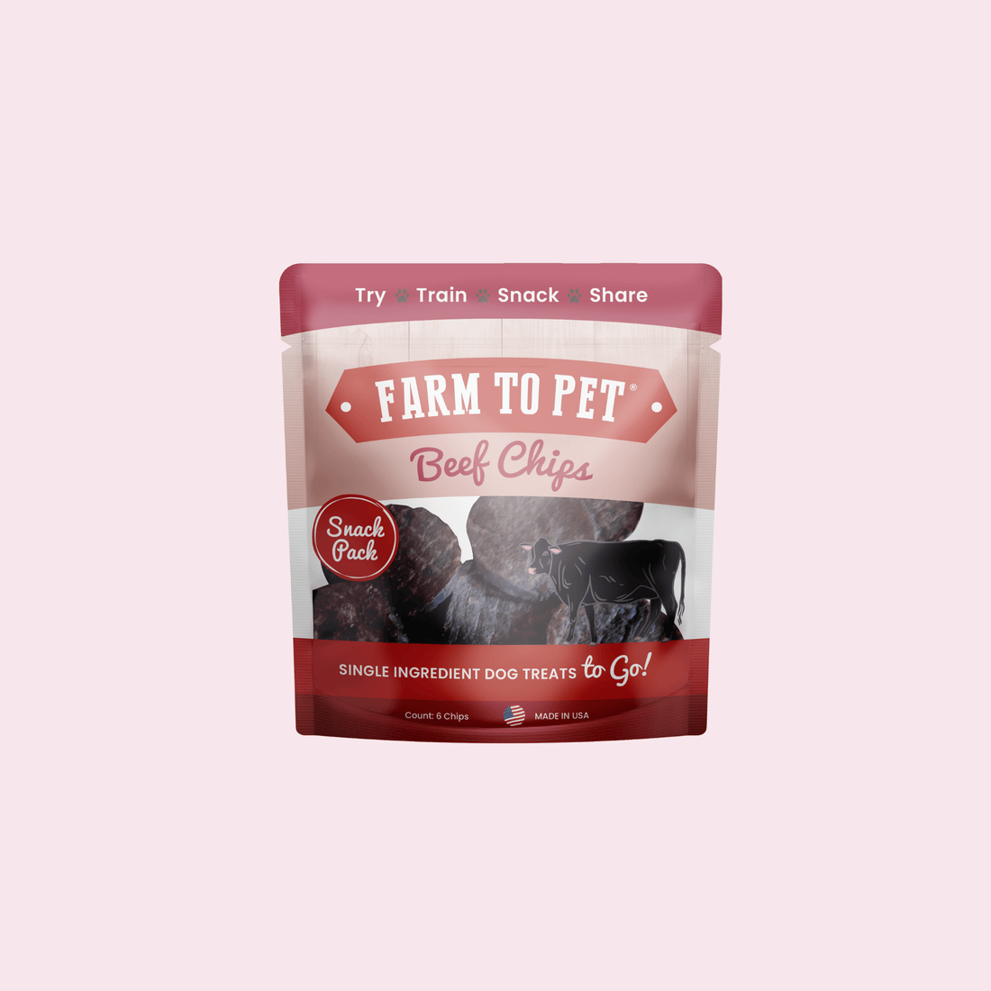 Farm To Pet beef chips snack pack for dogs, perfect for training and travel, featuring natural beef dog treats in a convenient pack.