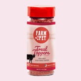 Farm To Pet beef treat topper for dogs, powdered meal enhancer featuring lean beef in a clear container with a scoop.