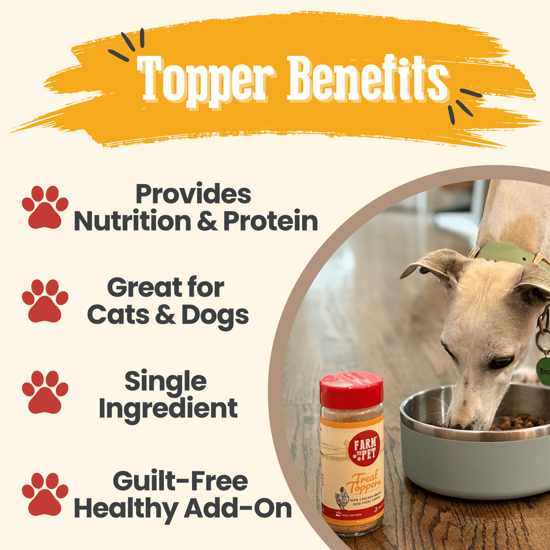 Farm To Pet chicken dog food topper, healthy meal supplement for dogs with tender chicken pieces in a natural setting.