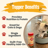 Farm To Pet chicken dog food topper, healthy meal supplement for dogs with tender chicken pieces in a natural setting.