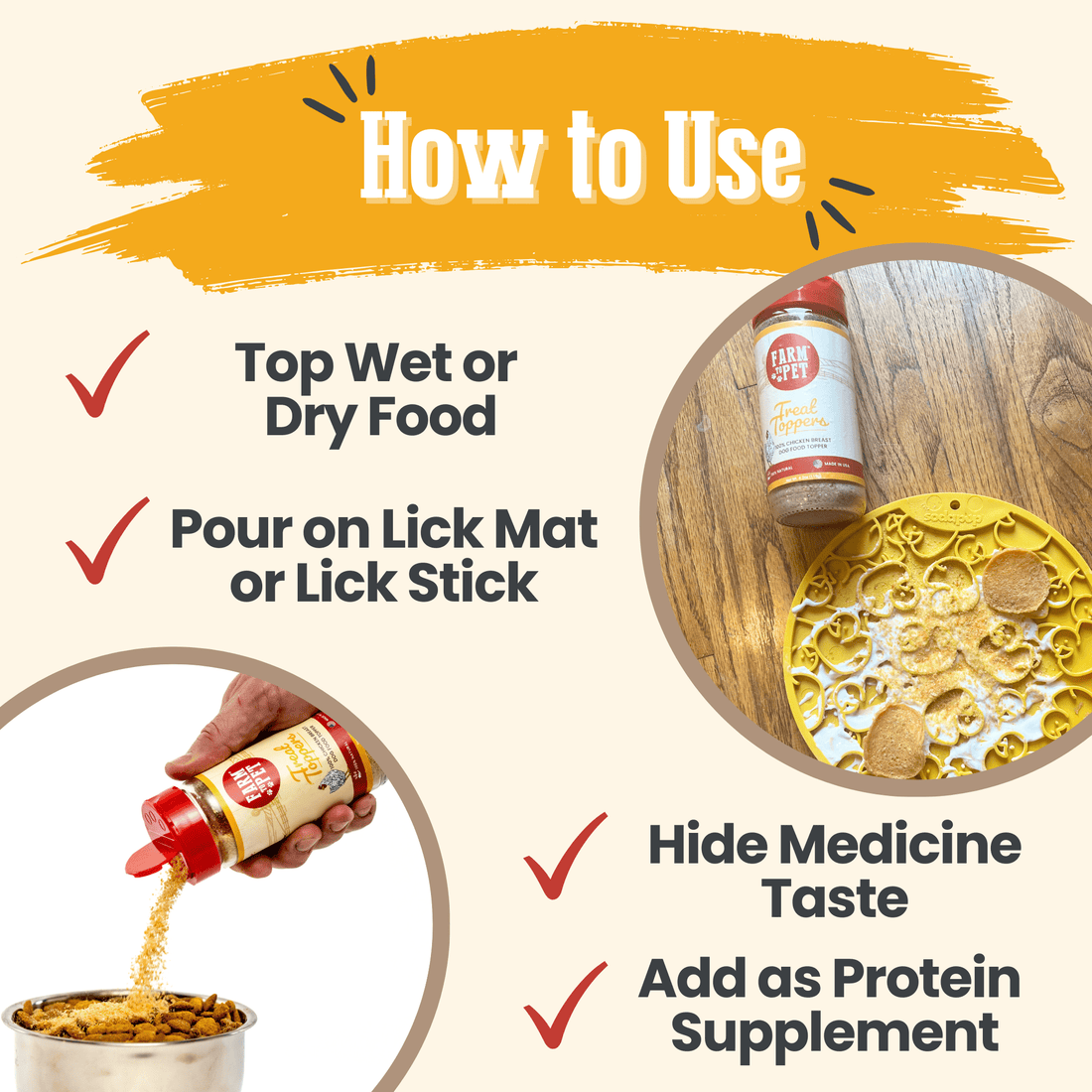 Farm To Pet chicken dog food topper in a bowl, healthy meal supplement for dogs, enhances regular dog food with tasty chicken flavor.