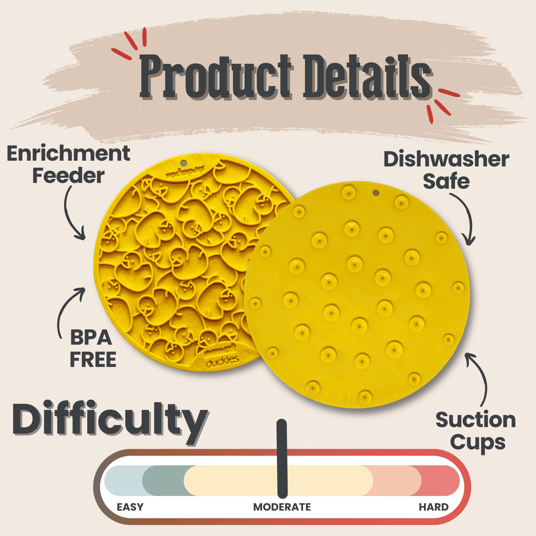Yellow Farm To Pet dog lick mat with suction cups featuring duck designs for engaging pet feeding and licking activities.