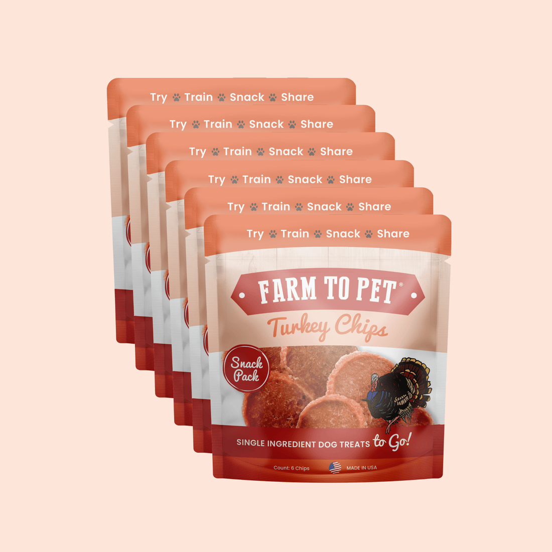 Six-pack of Farm To Pet Turkey Chips Snack Pack with low allergen treats for dog training, featuring crispy turkey chip treats in clear packaging.