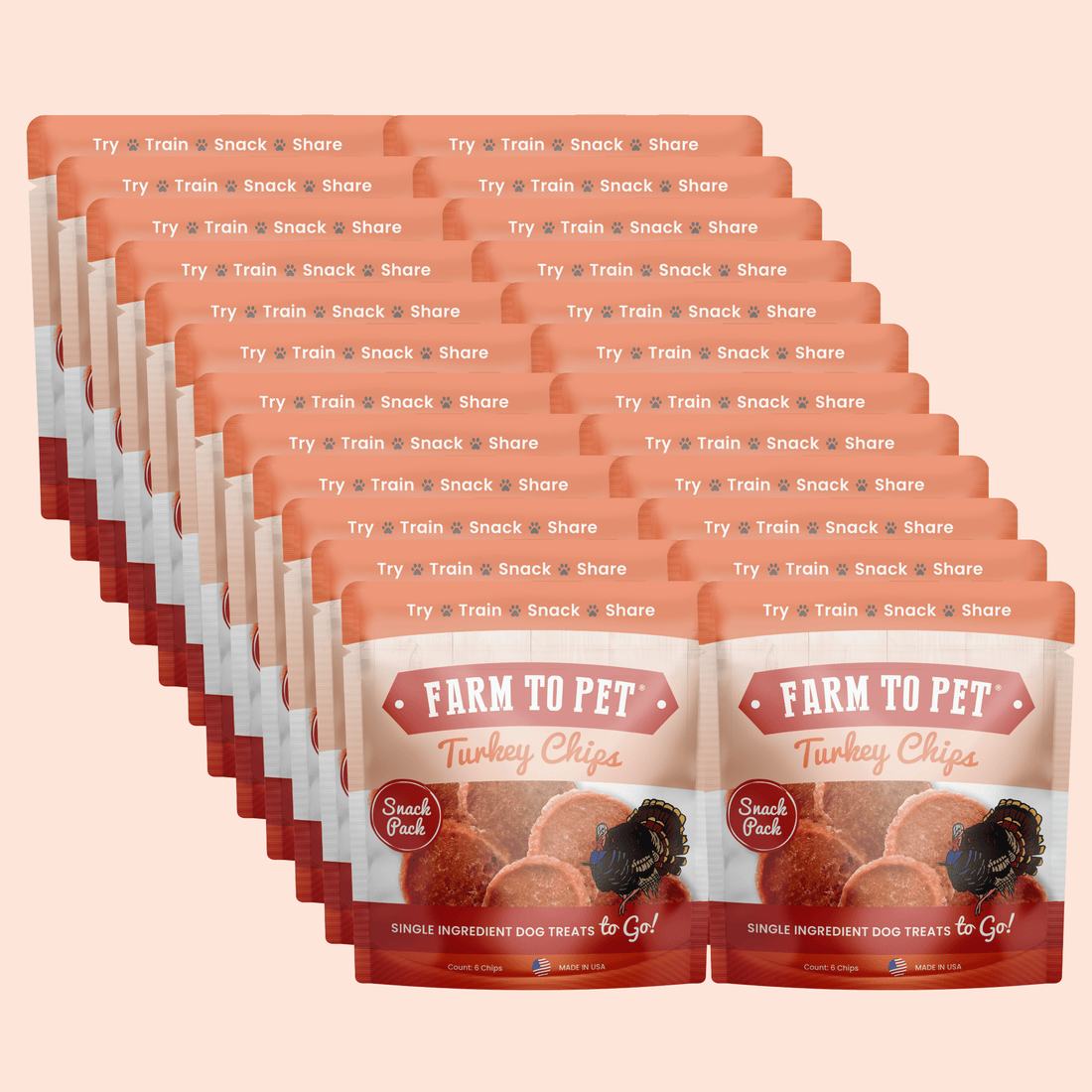 Farm To Pet turkey chips snack pack with 24 low allergen dog treats, ideal for training or healthy snacking.