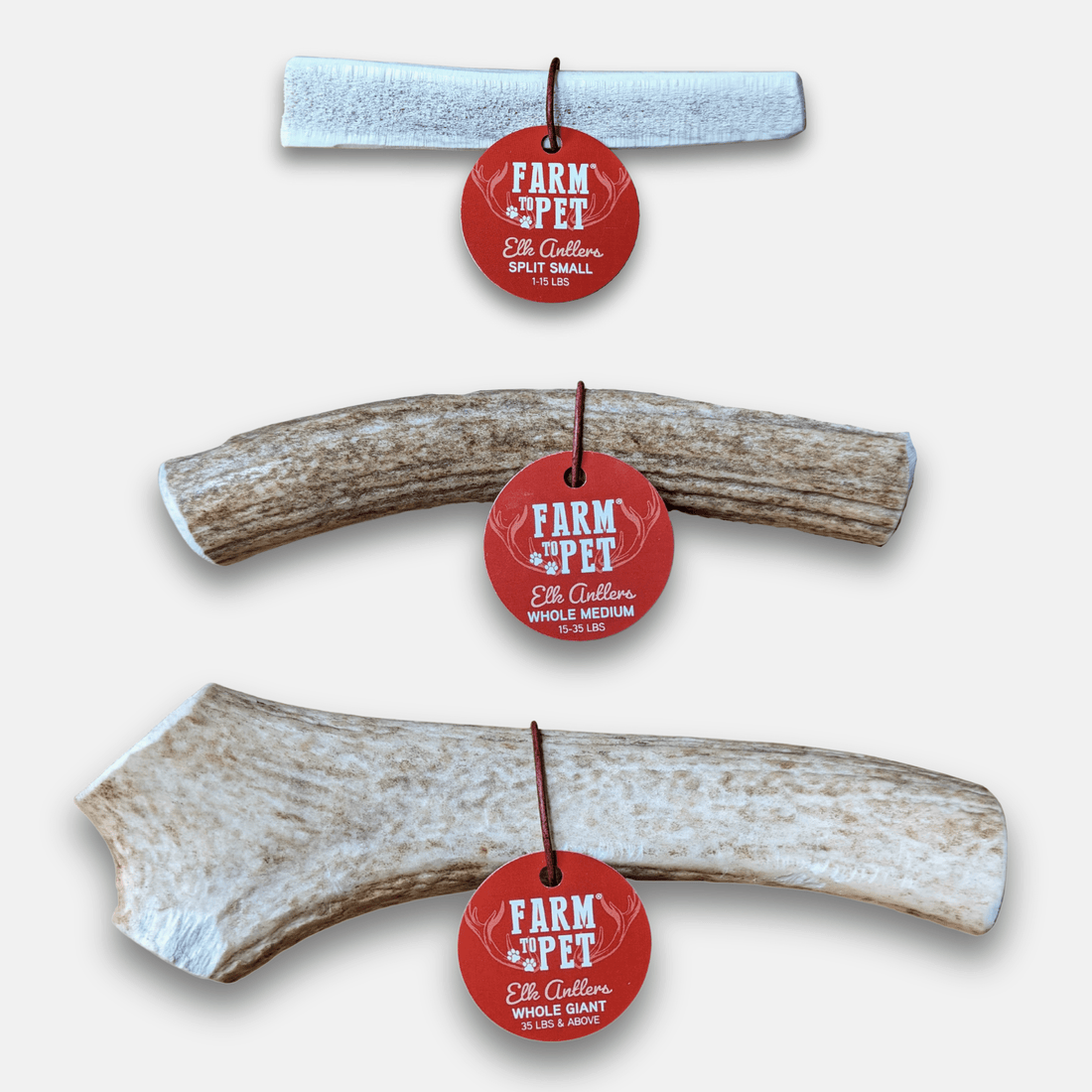 Durable elk antler dog chews from Farm To Pet, natural whole and split antlers ideal for chewing and dental health.