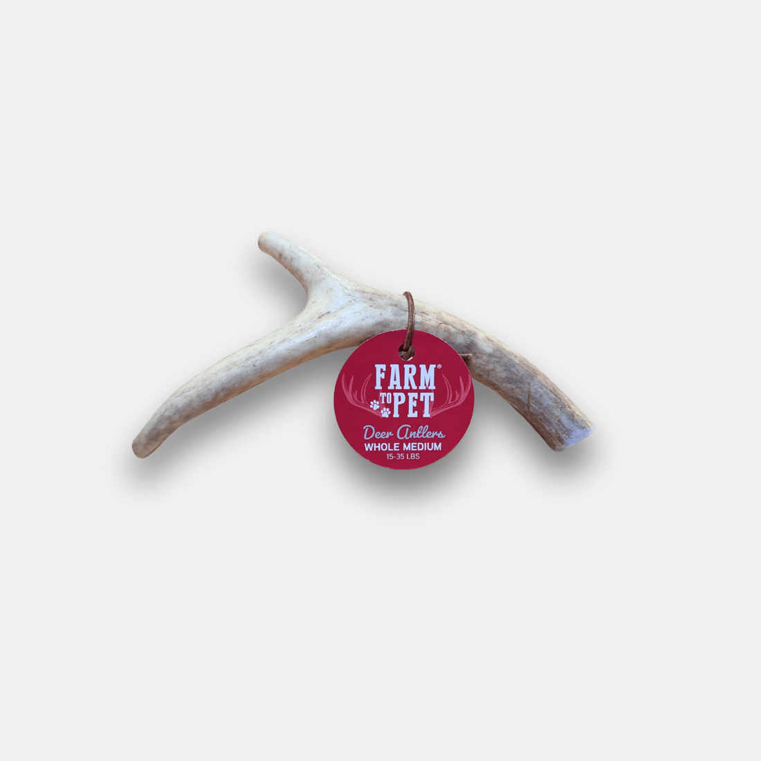 Medium-sized deer antler dog chew from Farm To Pet, natural organic antler chew for dogs, shown from the front view.