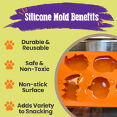 Orange silicone Halloween pet treat mold by Farm To Pet showing festive shapes for making homemade dog treats.