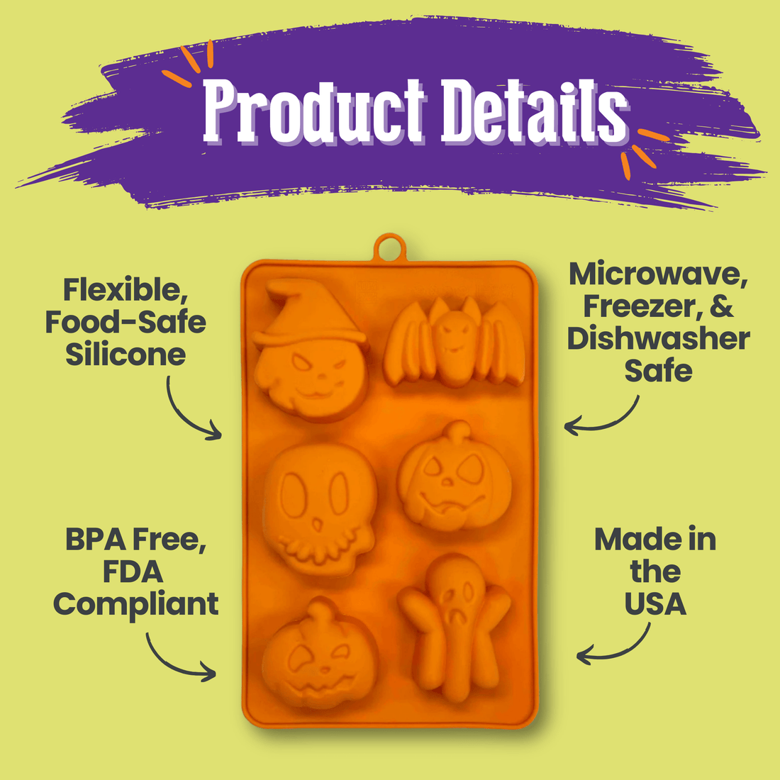 Orange silicone Halloween pet treat mold by Farm To Pet, featuring spooky shapes for making homemade pet treats.