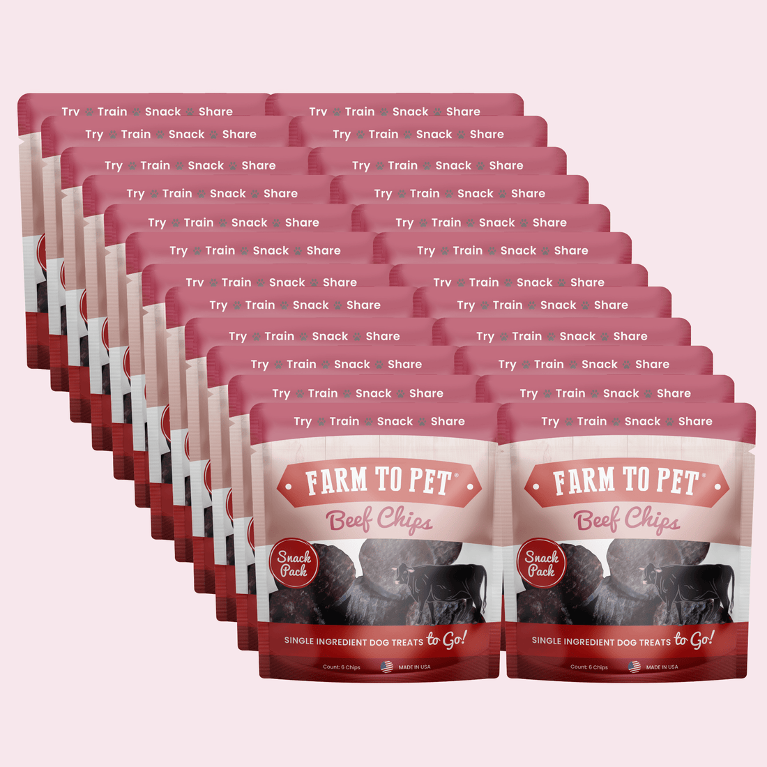 Farm To Pet beef chips snack pack with 24 healthy dog treats, ideal for training and travel, featuring natural beef slices.
