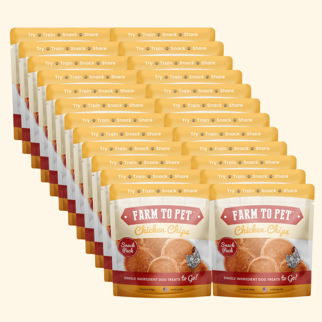 Farm To Pet chicken chips snack pack with 24 heart-healthy dog treats, ideal for party favors and training rewards.