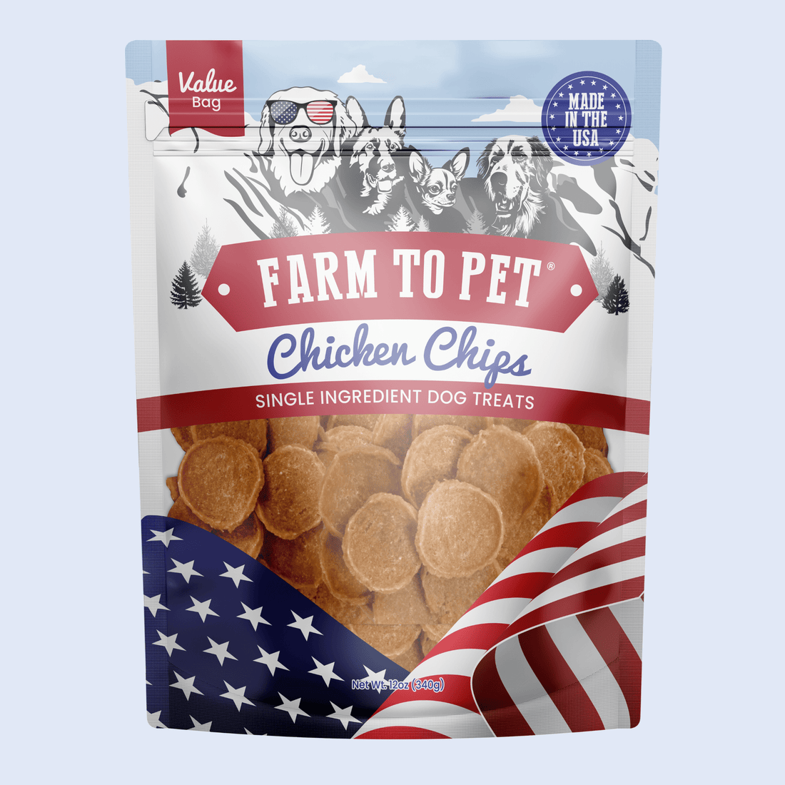 Farm To Pet Americana Chicken Chips for Dogs, USA-made heart-healthy dog treats in 12oz bag, crispy chicken chip snack for dogs