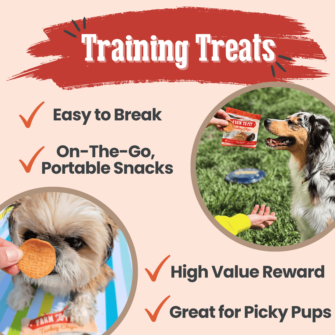 Farm To Pet turkey chips snack pack featuring heart-shaped, low-allergen training treats for dogs, displayed in a clear package.