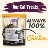 Farm To Pet chicken crumble cat treats bag showing single-ingredient chicken treats for cats, with clear product branding and back of packaging.