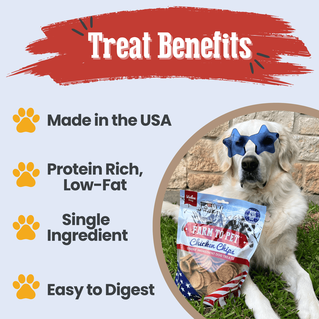 Farm To Pet Americana Chicken Chips for dogs, USA-made chicken treat in 12oz bag, natural dog snack with lean chicken slices.