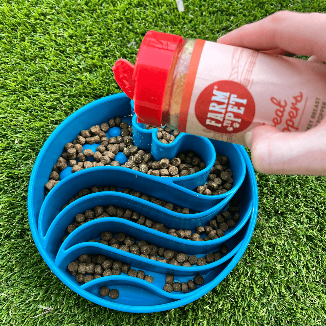 Farm To Pet turkey dog food topper in a blue bowl, healthy meal supplement for dogs, enhances flavor and nutrition.