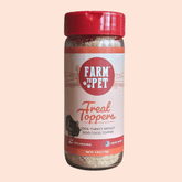 Farm To Pet turkey dog food topper, healthy meal supplement for dogs, shown in front view with packaging details.