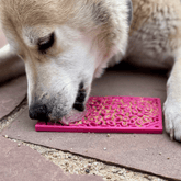 Pink Farm To Pet lick mat for cats and small dogs with flower power design, used for calming and entertaining pets.