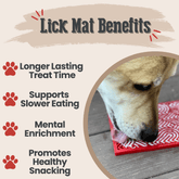 Farm To Pet lick mat for cats and small dogs with red hearts, designed to promote mental stimulation and slow feeding.