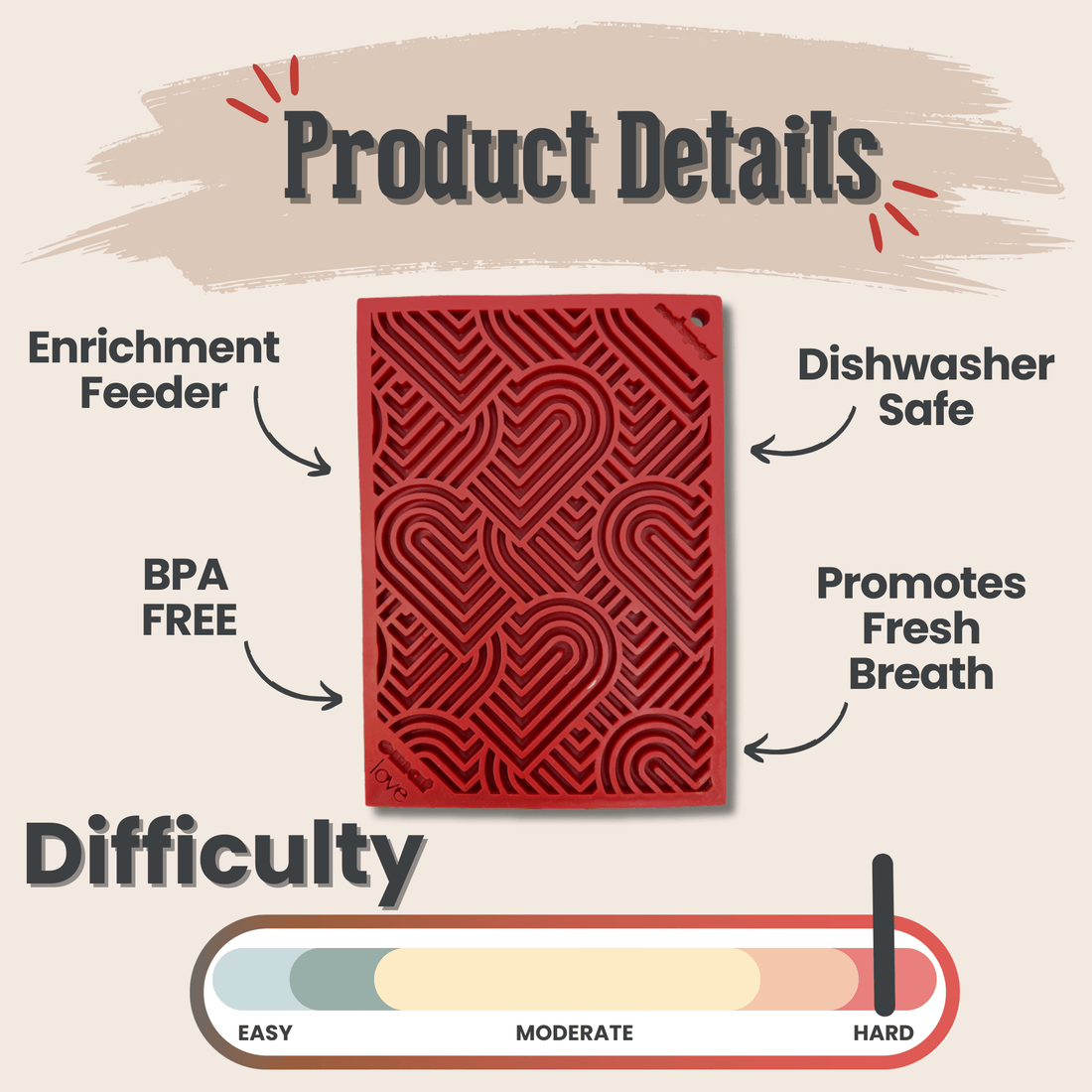 Red Farm To Pet lick mat for cats and small dogs with heart patterns, designed to keep pets engaged and calm during feeding.
