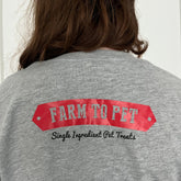 Gray Farm to Pet logo T-shirt with front and back views, showcasing casual fit and branded design for pet lovers.
