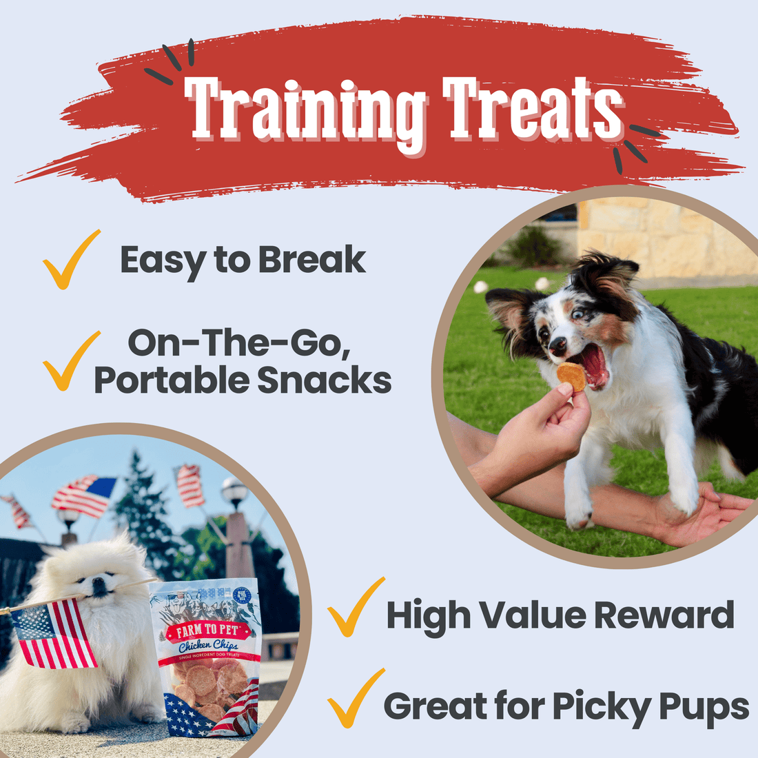 Farm To Pet Americana Chicken Chips for Dogs, natural USA-made chicken training treats in a 4oz bag.