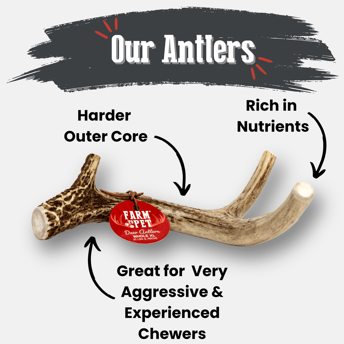 Organic deer antler dog chew from Farm To Pet, extra large natural antler chew for dogs, non-splintering and durable.