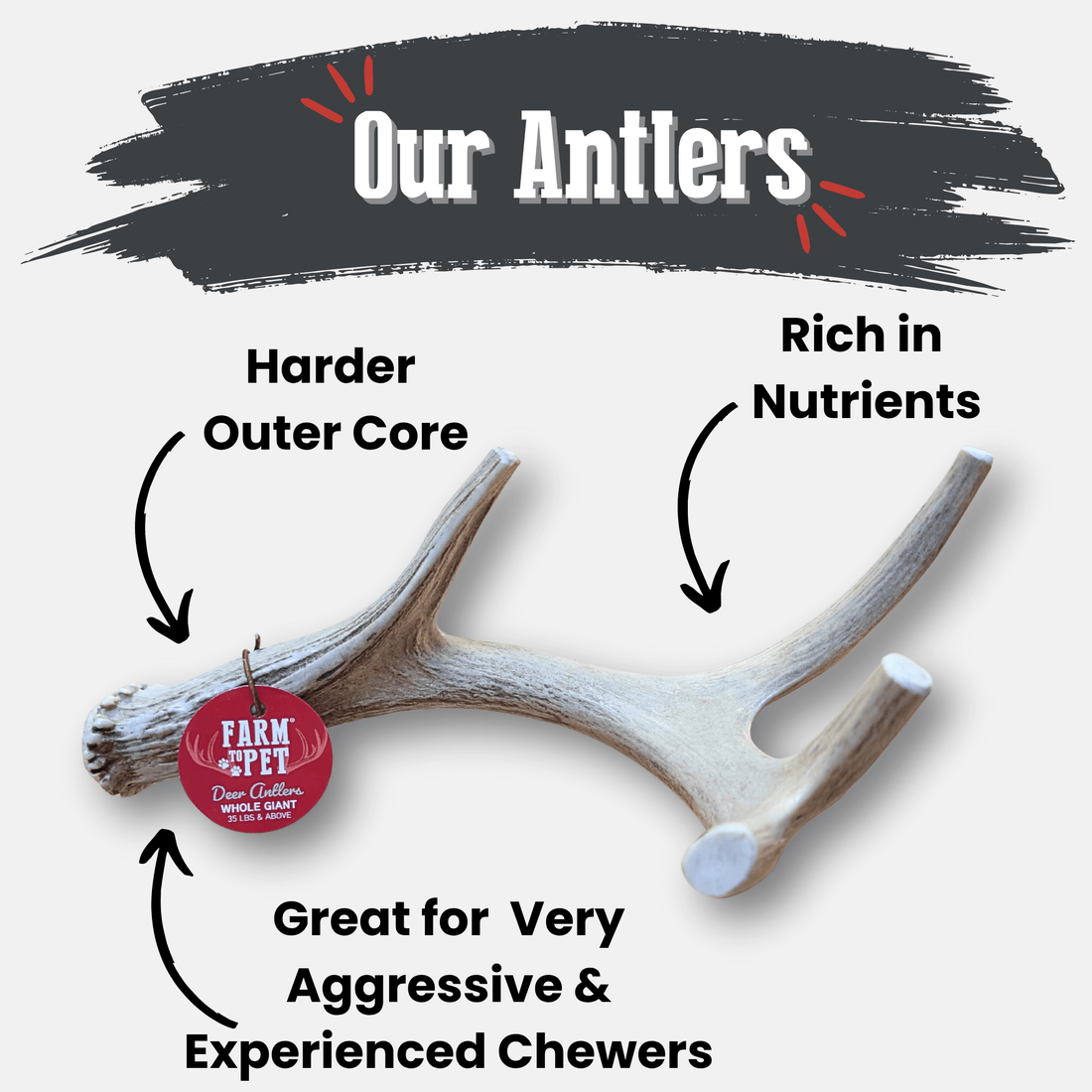 Organic deer antler dog chew by Farm To Pet, non-splintering antler bone for dogs, large size, natural and durable chew option.