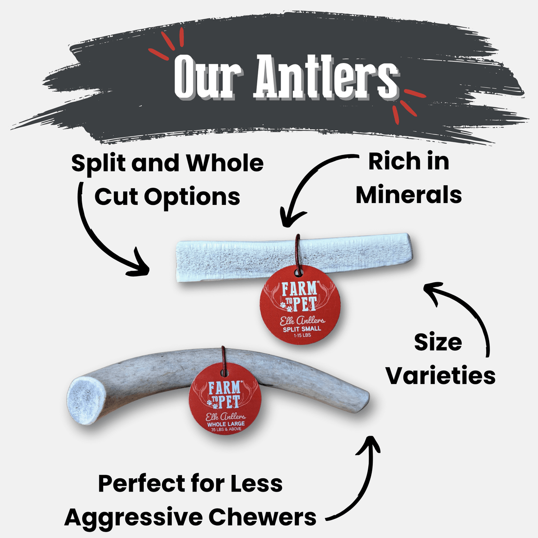 All-natural elk antler dog chew from Farm To Pet, showing a split and whole elk antler bone for durable dog chews