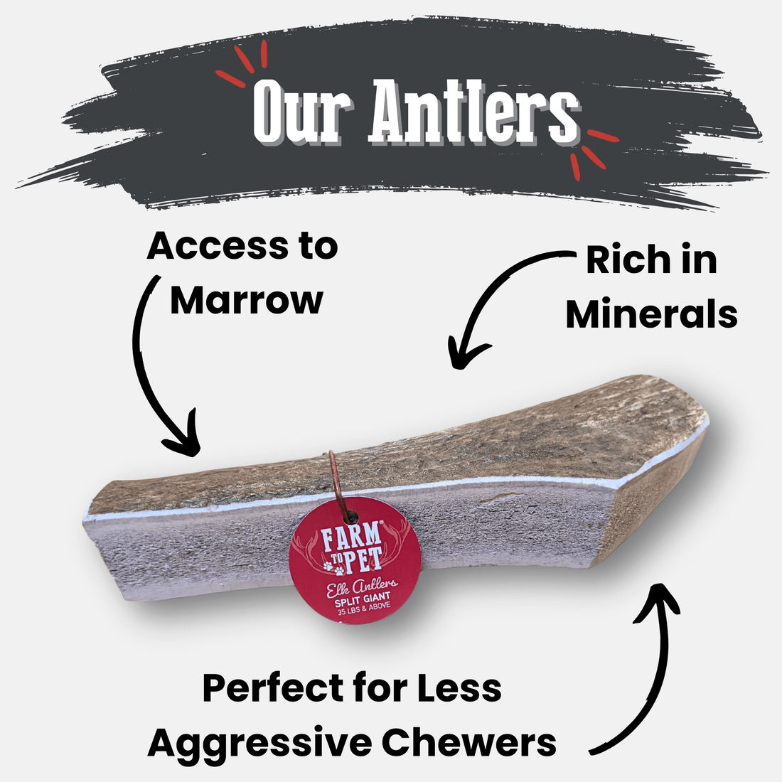 All-natural split elk antler dog chew by Farm To Pet, showing a large, non-splintering elk antler bone for dogs.