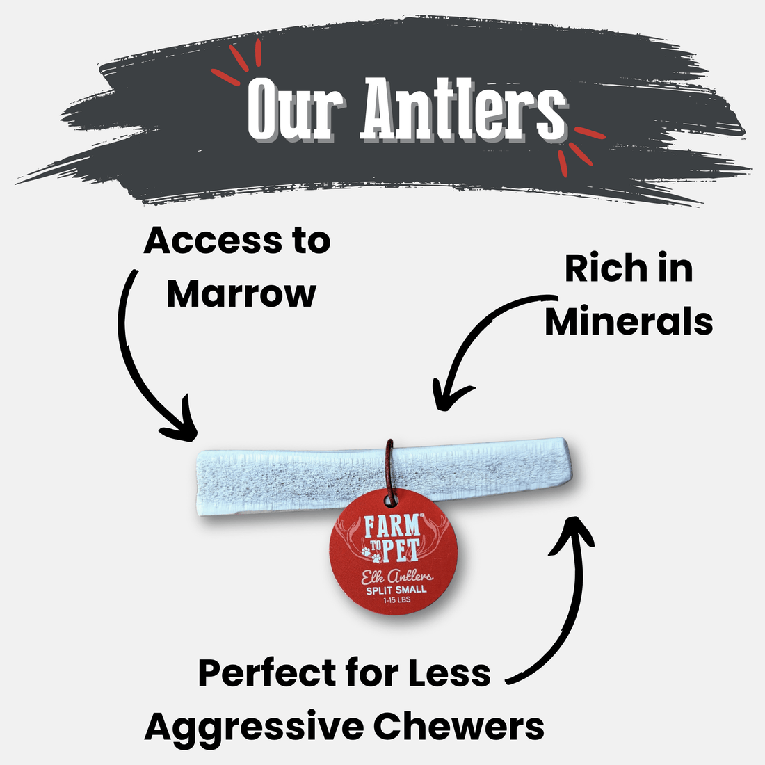 Organic elk antler dog chew from Farm To Pet, showing a split small antler chew for dogs, non-splintering and all-natural.