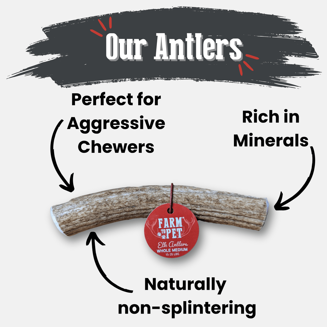 All-natural Farm To Pet elk antler dog chew, medium-sized whole antler for dogs, non-splintering, durable pet chew bone