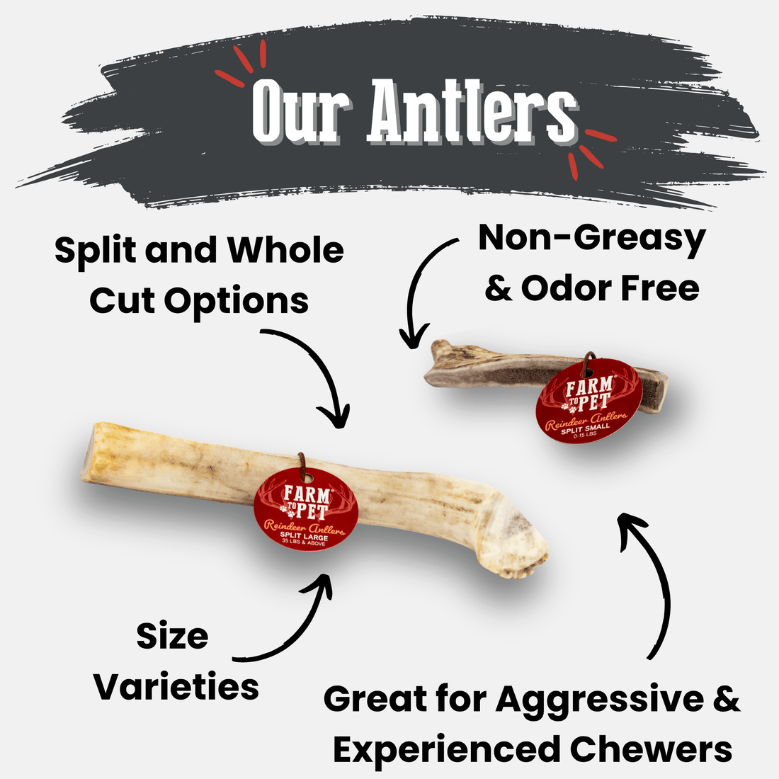 Farm To Pet reindeer antler dog chew showing a natural, organic antler bone ideal for dogs, non-splintering and durable.