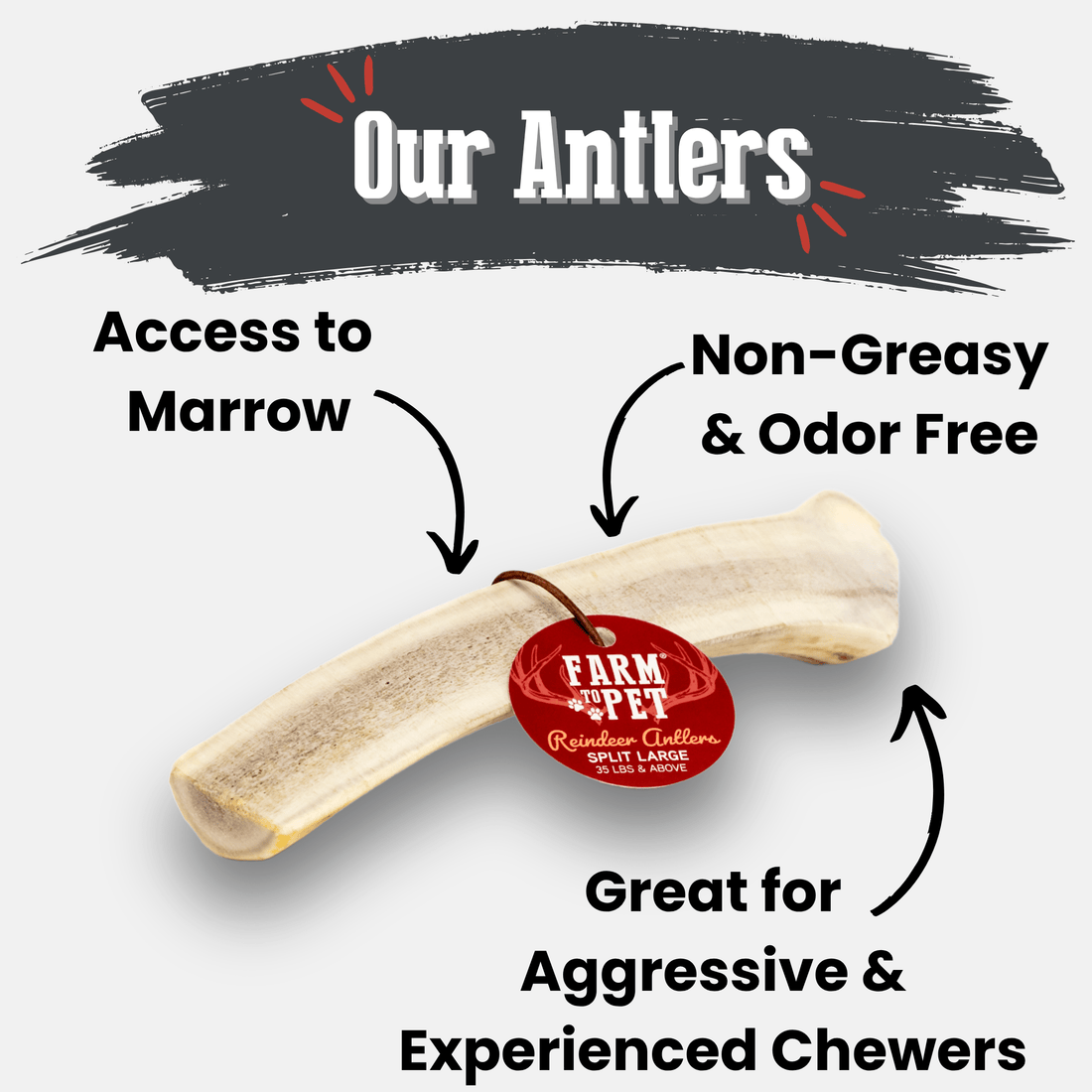 Large organic reindeer antler dog chew by Farm To Pet, natural split antler chew for dogs, non-splintering, durable dog bone treat.