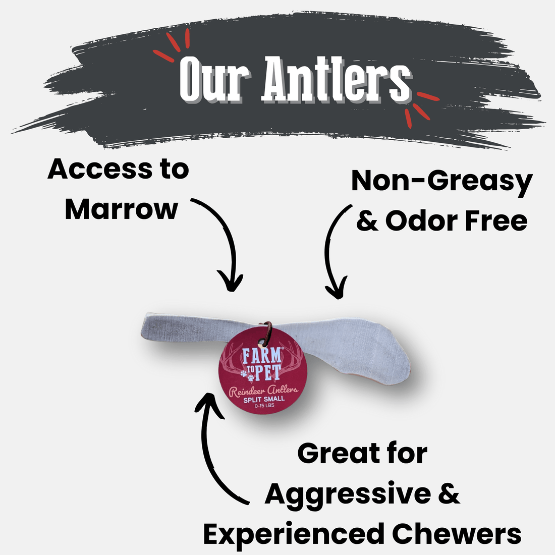 Small Farm To Pet organic reindeer antler dog chew showing a split antler with natural texture, ideal for durable, non-splintering dog treats.