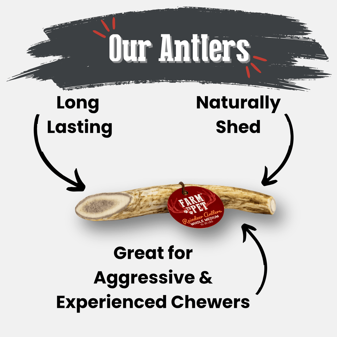 Organic reindeer antler dog chew by Farm To Pet, natural, non-splintering antler bone for medium-sized dogs.