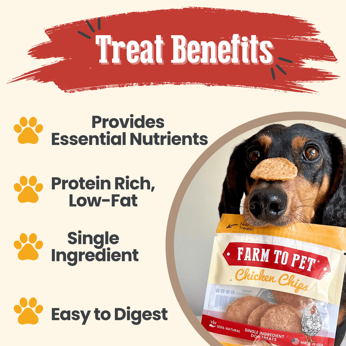 Farm To Pet Chicken Chips Snack Pack for dogs, featuring bite-sized chicken treats suitable for training and party favors.