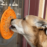 Orange Farm To Pet round dog lick mat with suction cups, designed for dogs to lick and play comfortably on surfaces.