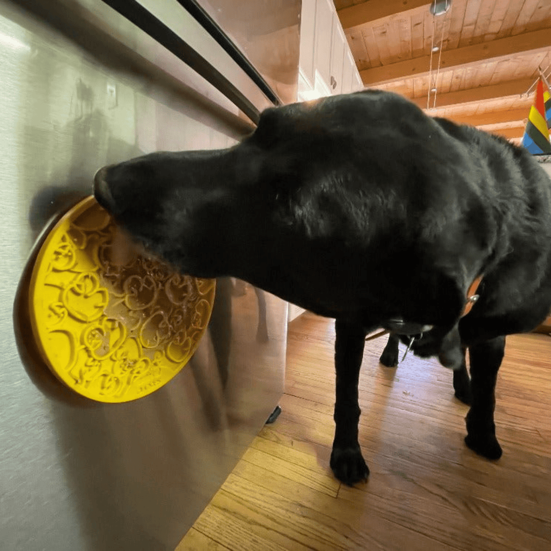 Farm To Pet yellow round dog lick mat with suction cups featuring duckie design, ideal for engaging and calming pets.