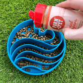 Blue Farm To Pet slow feeder dog bowl with wave design and treat topper for dogs to slow eating and enhance meal time.