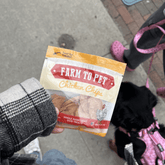 Farm To Pet Chicken Chips Snack Pack with dog treats, ideal for training, on the go, featuring chicken-flavored dog treats and party favors.