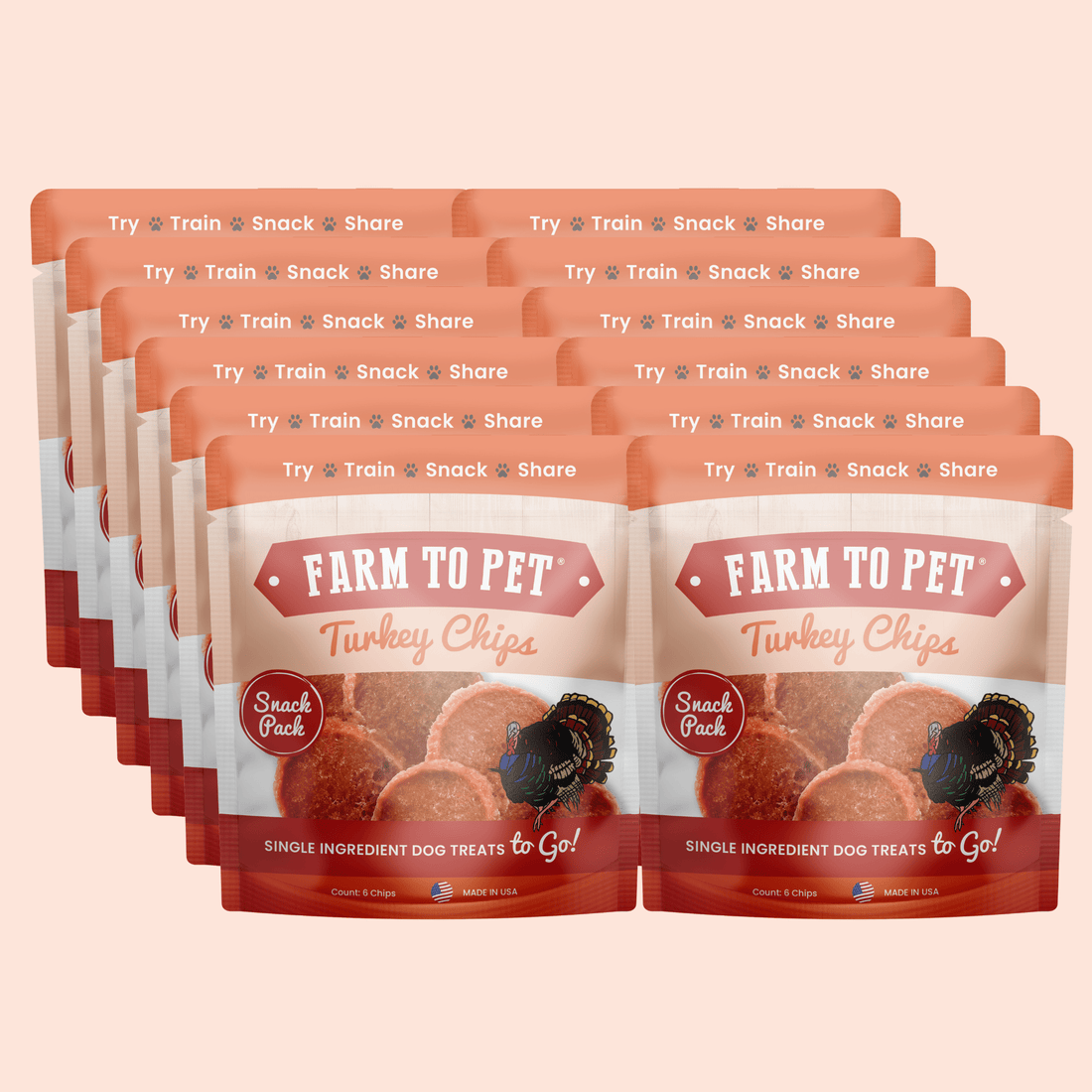 Farm To Pet turkey chips snack pack with twelve low allergen treats in a colorful bundle, ideal for training or treats.