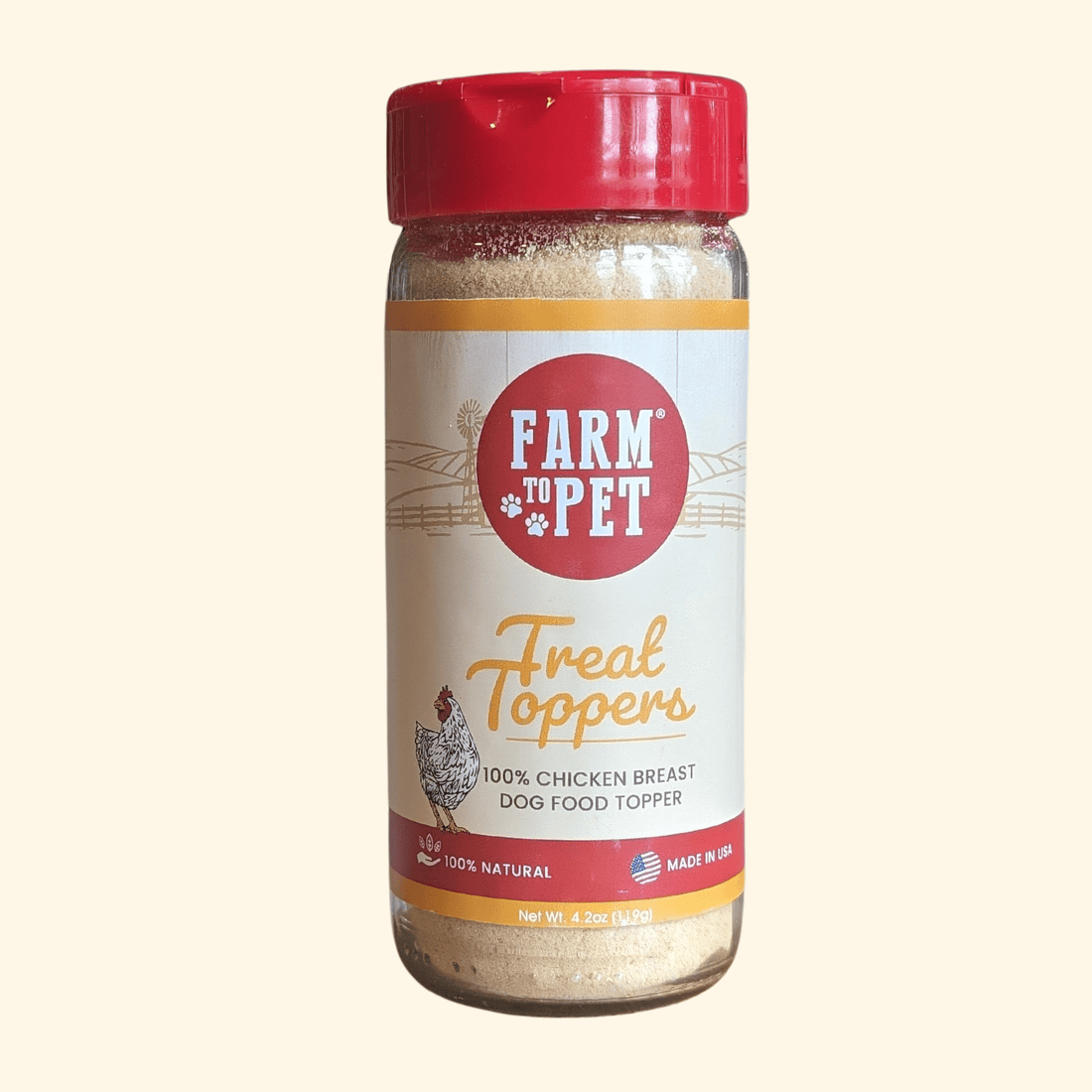 Farm To Pet chicken dog food topper, healthy meal supplement for dogs, in a front view showing the product packaging.