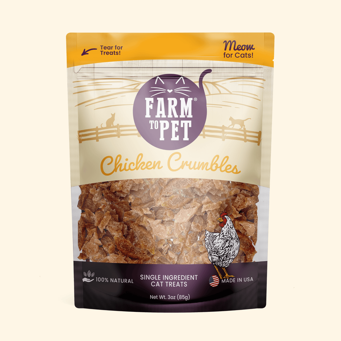 Farm To Pet Chicken Crumbles cat treats in a front-facing bag, single-ingredient, natural snack for cats.