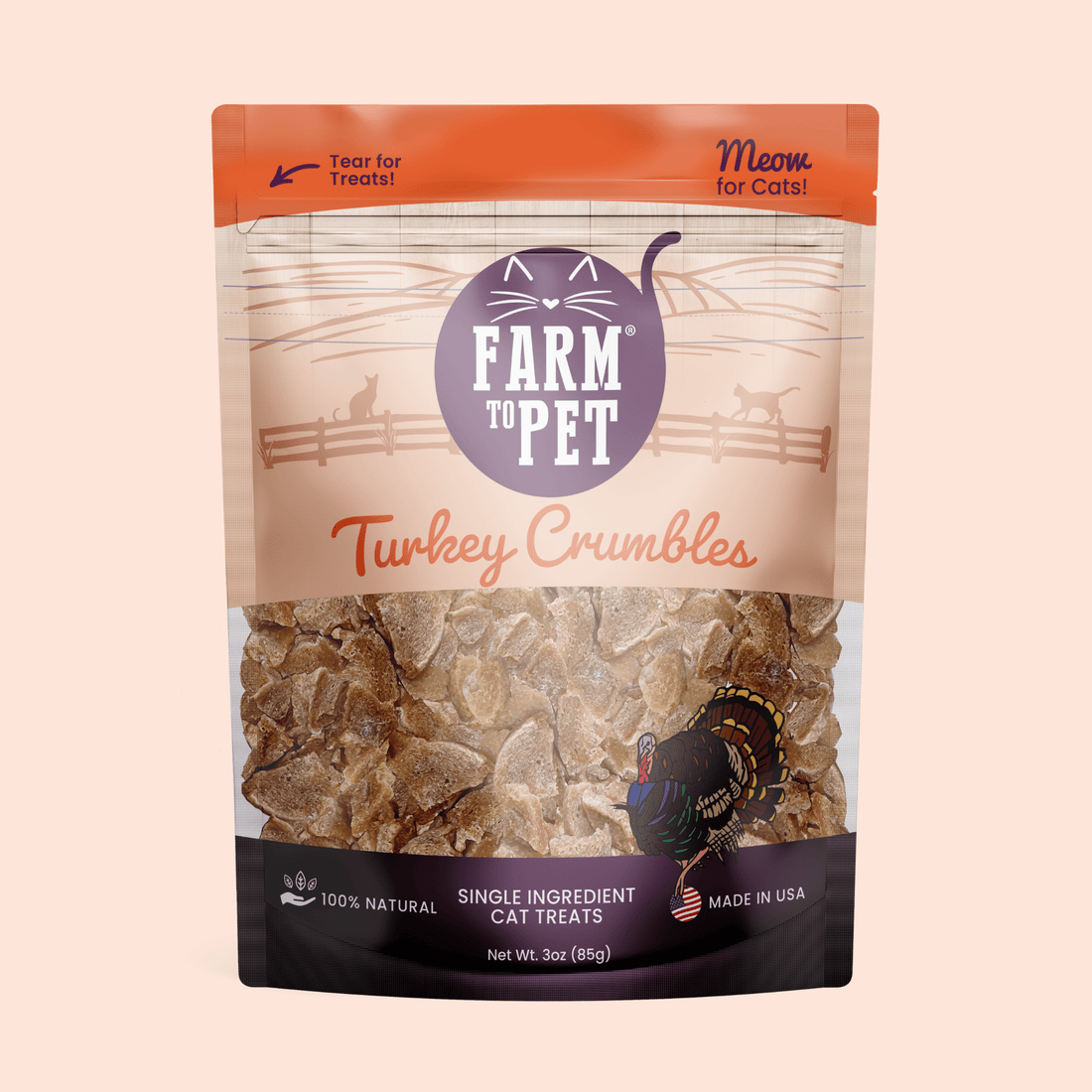 Farm To Pet Turkey Crumbles for Cats in grain-free treat packaging, natural cat treats with crunchy texture and poultry flavor.