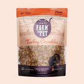 Farm To Pet Turkey Crumbles for Cats in grain-free treat packaging, natural cat treats with crunchy texture and poultry flavor.