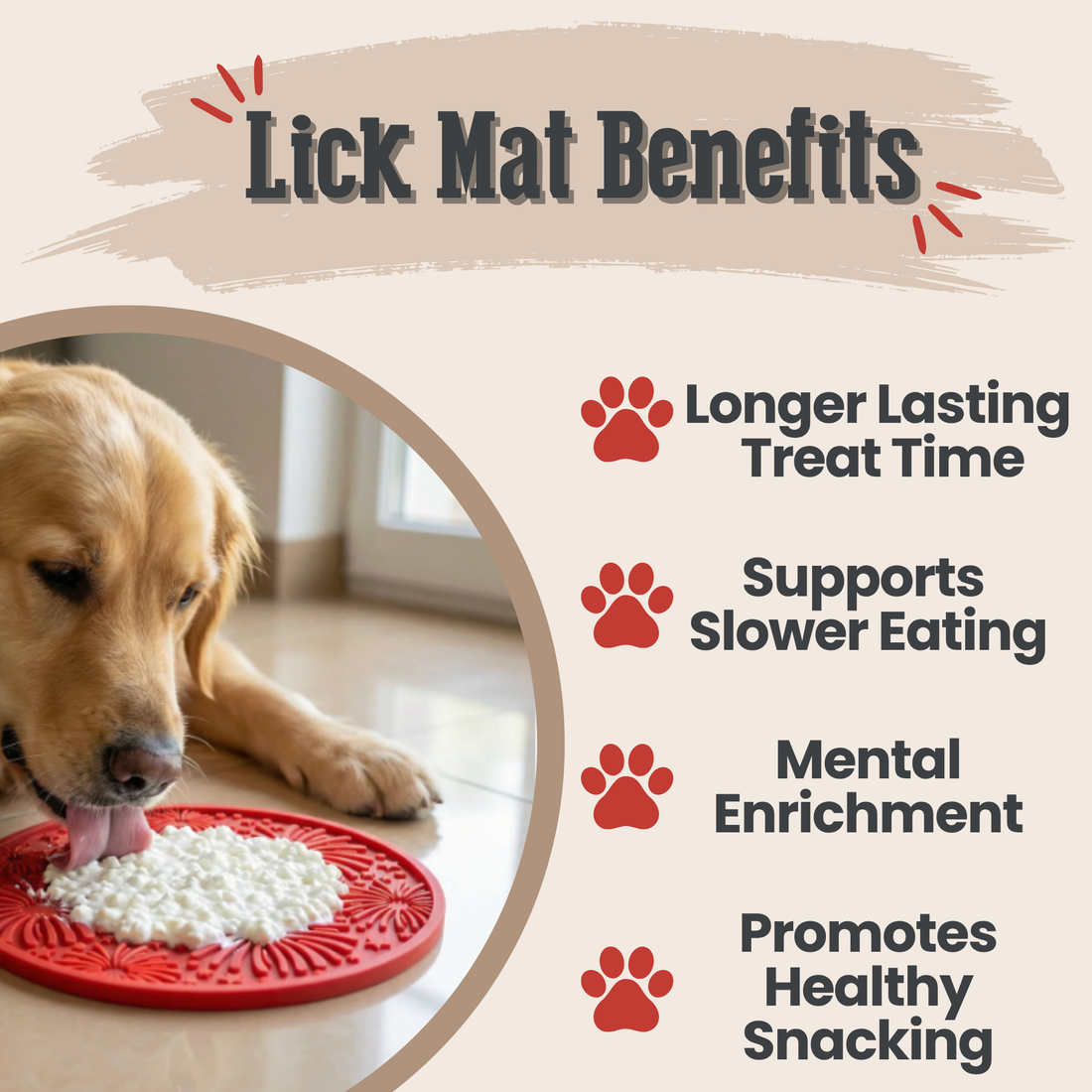 Red Farm To Pet Dog Lick Mat with suction cups, Americana firework design, providing engaging distraction and oral stimulation for pets.