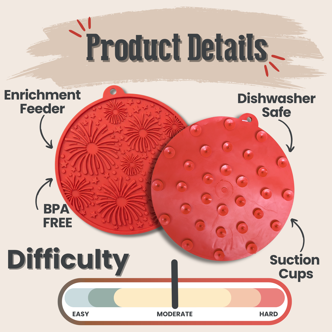 Red Farm To Pet dog lick mat with suction cups, featuring Americana firework design for engaging pet entertainment.