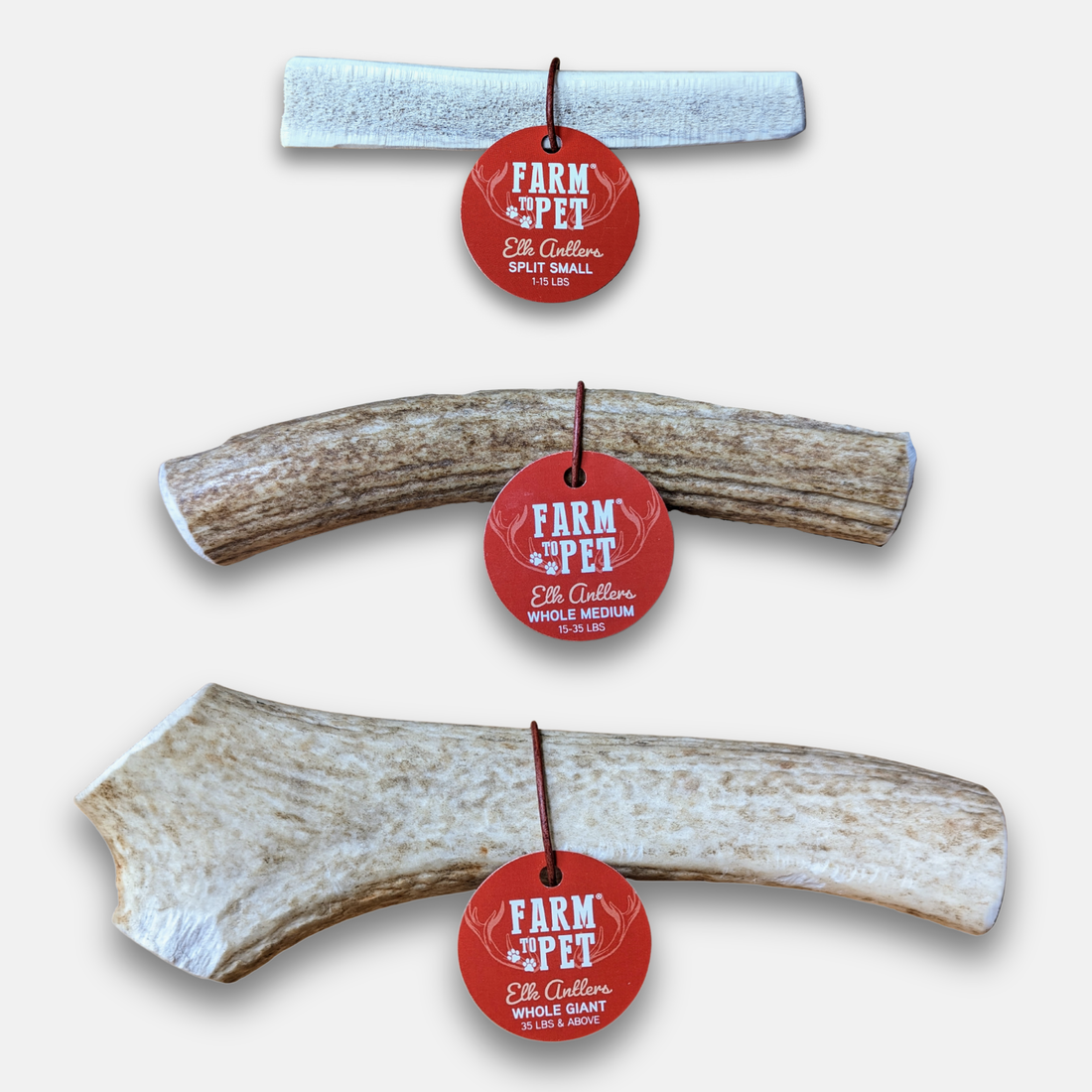 Durable elk antler dog chews from Farm To Pet, showing whole and split antlers suitable for dogs for natural chewing.